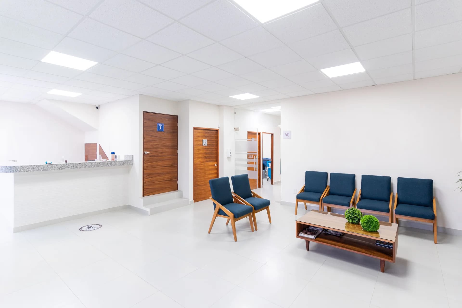 Clean medical clinic waiting room with reception area, seating, and bright professional finishes